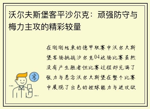 沃尔夫斯堡客平沙尔克：顽强防守与梅力主攻的精彩较量