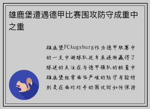 雄鹿堡遭遇德甲比赛围攻防守成重中之重