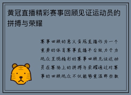 黄冠直播精彩赛事回顾见证运动员的拼搏与荣耀